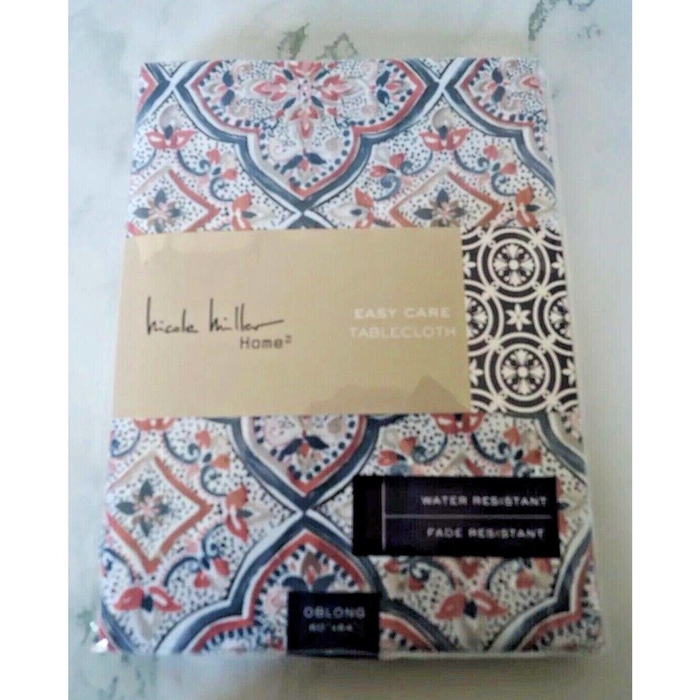Nicole Miller Oblong Tablecloth 60"x84" Red White Blue Colors Easy Care New Seal